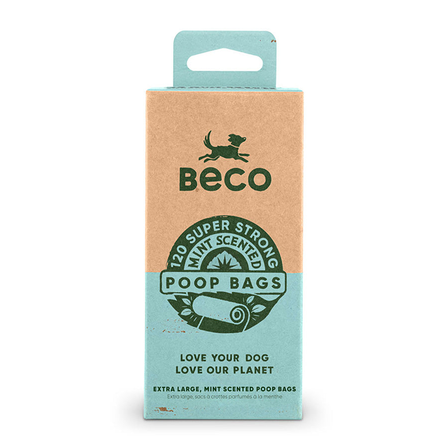 Beco poop bags packaging with a cardboard and blue design on a white background