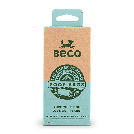 Beco poop bags packaging with a cardboard and blue design on a white background