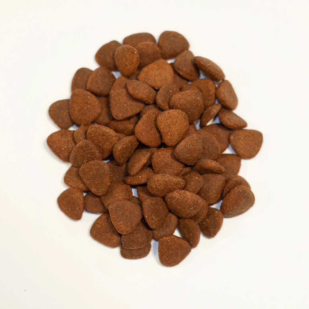 Brown pet food pellets on a white background