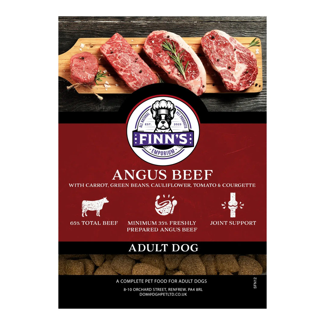 Finn's Angus Beef dog food package with raw beef on a wooden board.