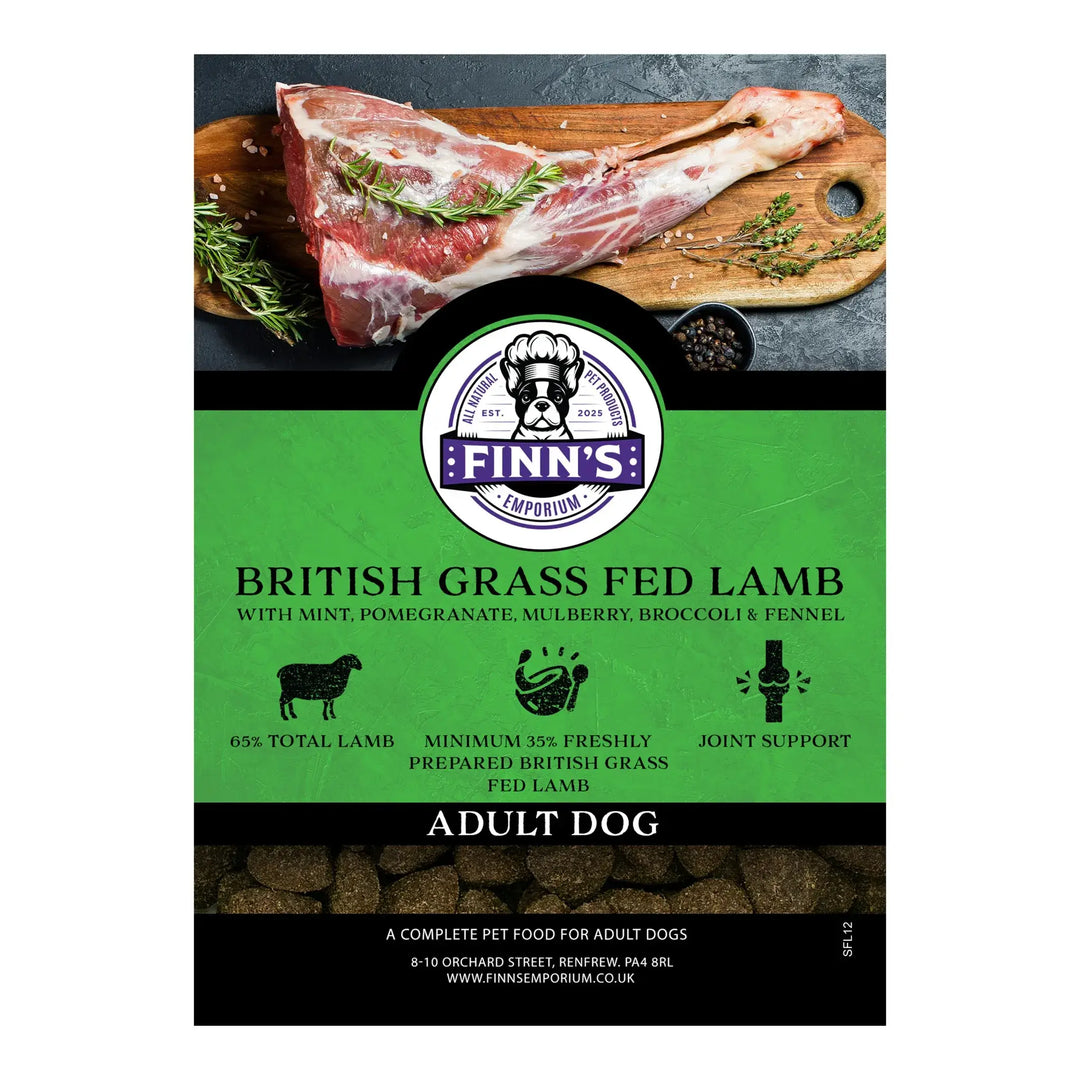 Finn's dog food package with raw lamb on a cutting board