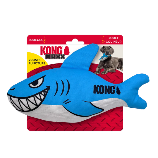 Blue shark-shaped KONG toy on a red packaging background