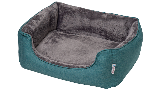 Green and grey rectangular dog bed.