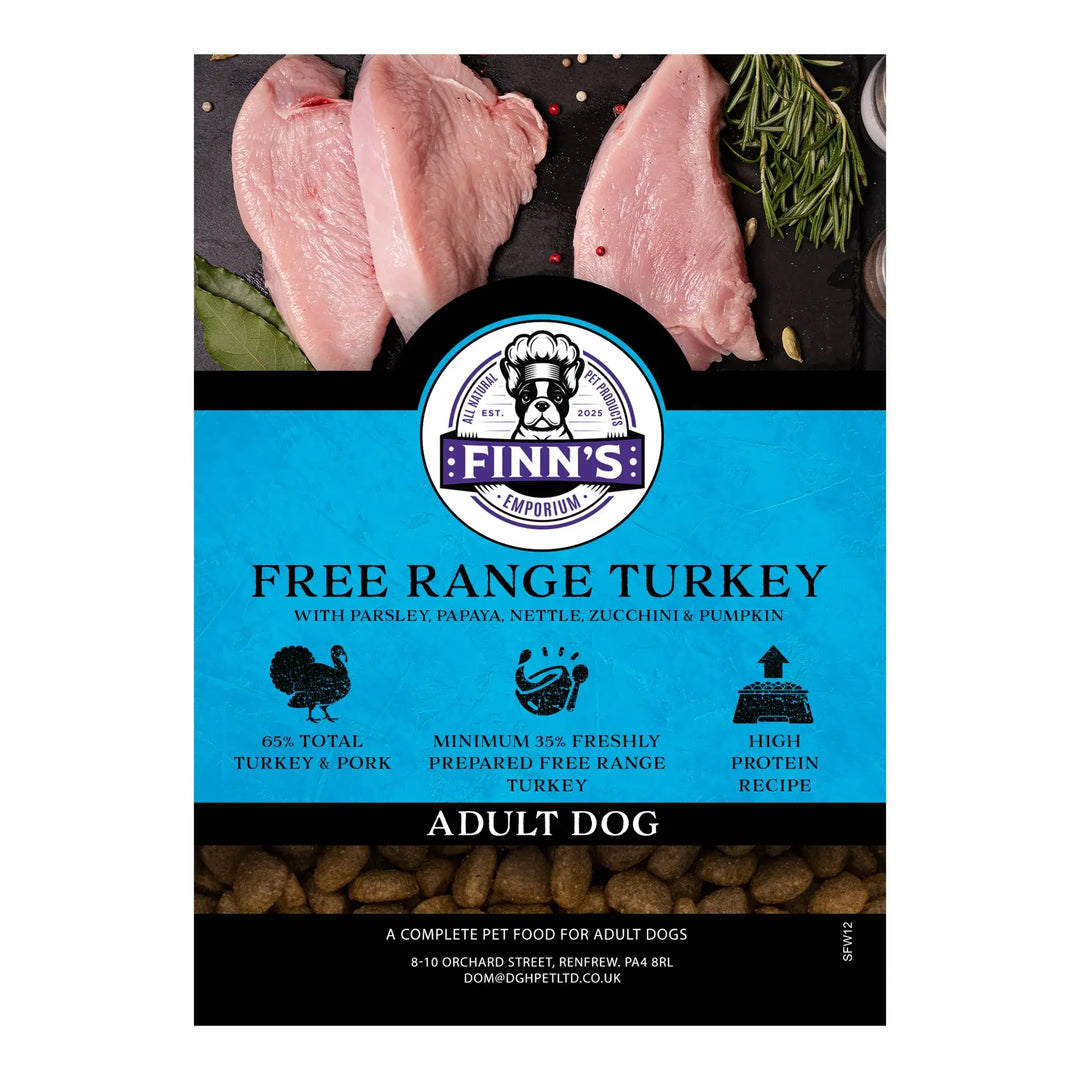 Finn's Free Range Turkey dog food package with turkey meat on slate at the top.
