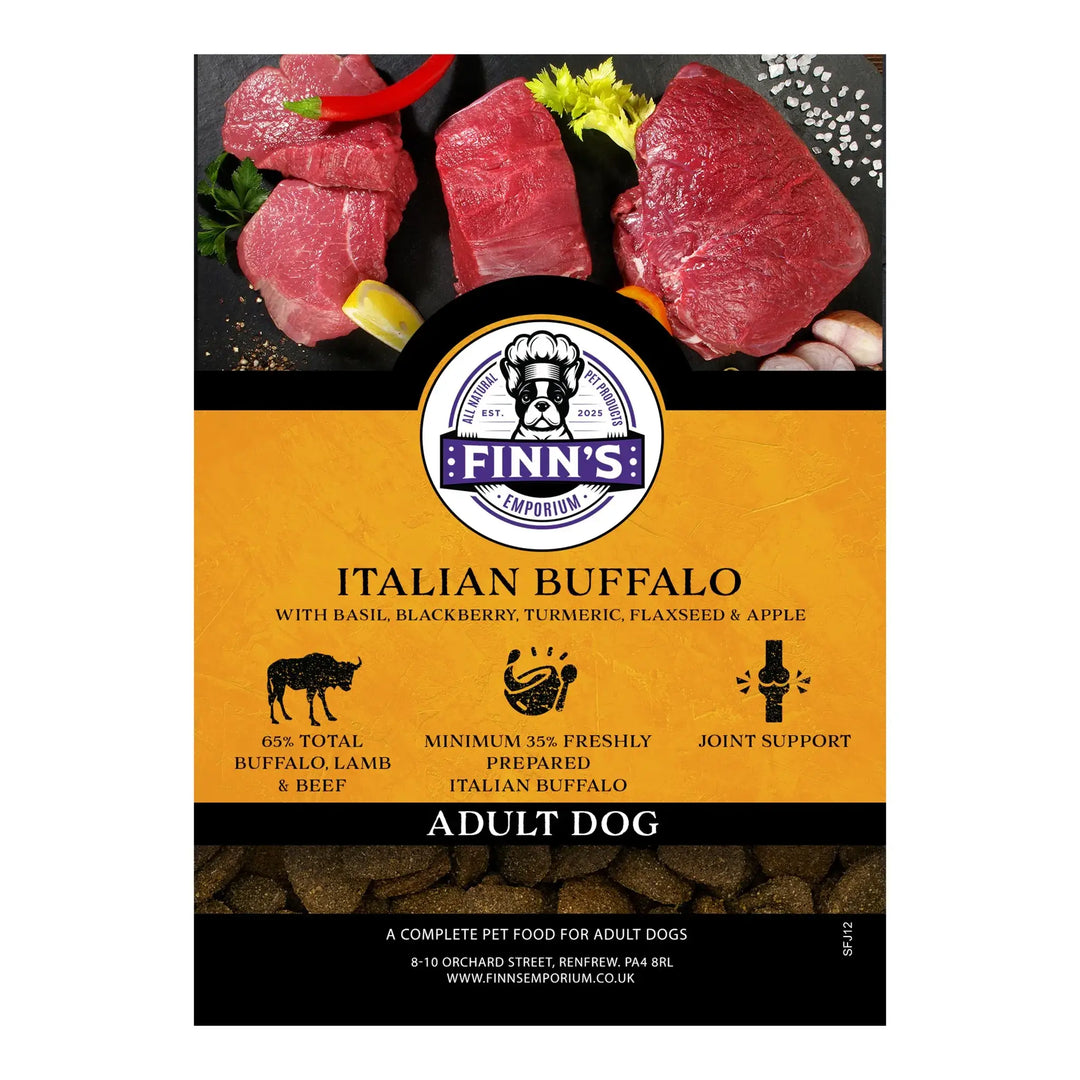 Finn's Italian Buffalo dog food packaging with ingredients displayed.
