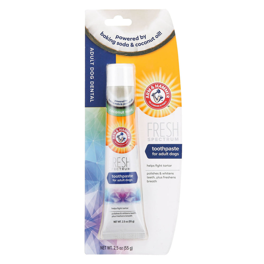 Arm & Hammer Fresh Breath dog toothpaste packaging on a white background