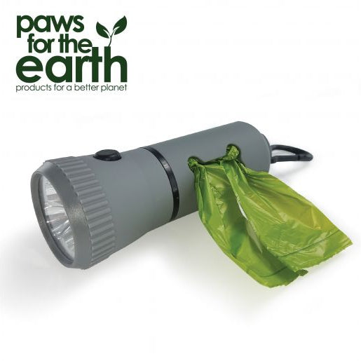 Grey torch with green dog poop bag dispensed from handle.