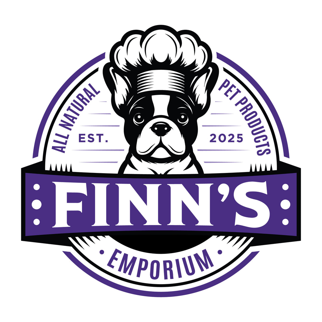 Logo of Finn's Emporium with a dog wearing a chef's hat on a white background