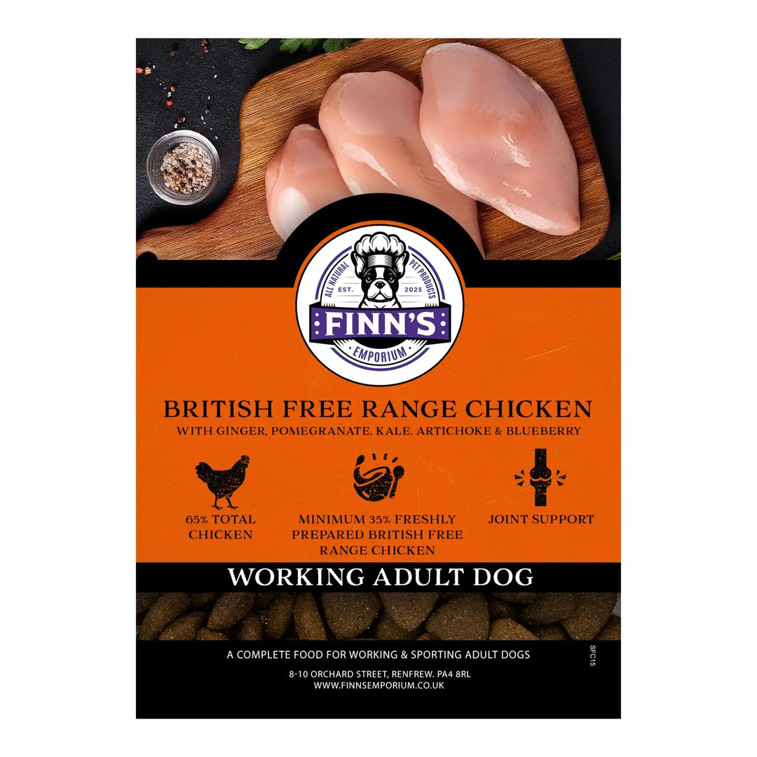 Finn's dog food package with chicken on a wooden board