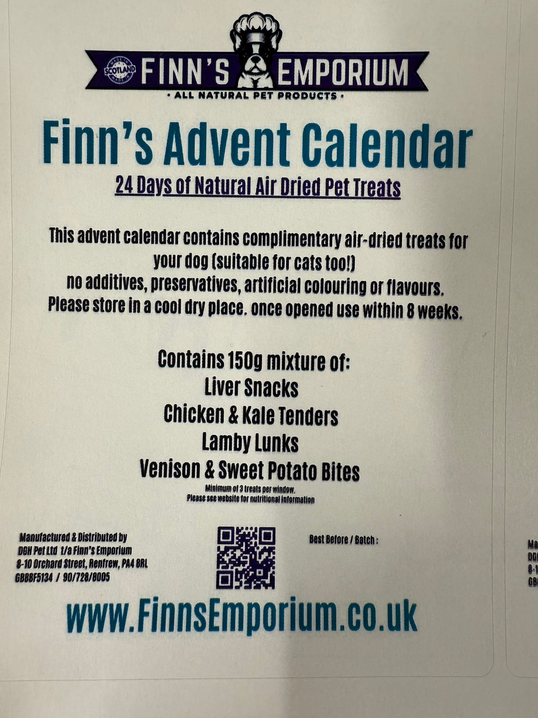 Finn's Emporium pet treat advent calendar packaging with text and branding.