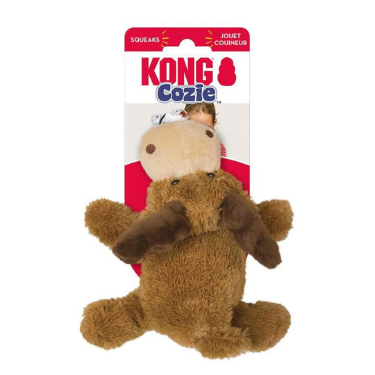 Brown plush dog toy with packaging featuring the Kong Cozie logo on a white background