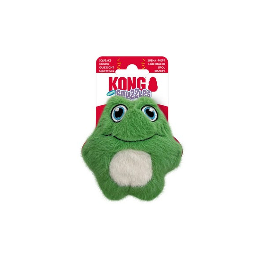 Green plush toy resembling a frog with a KONG label on a white background