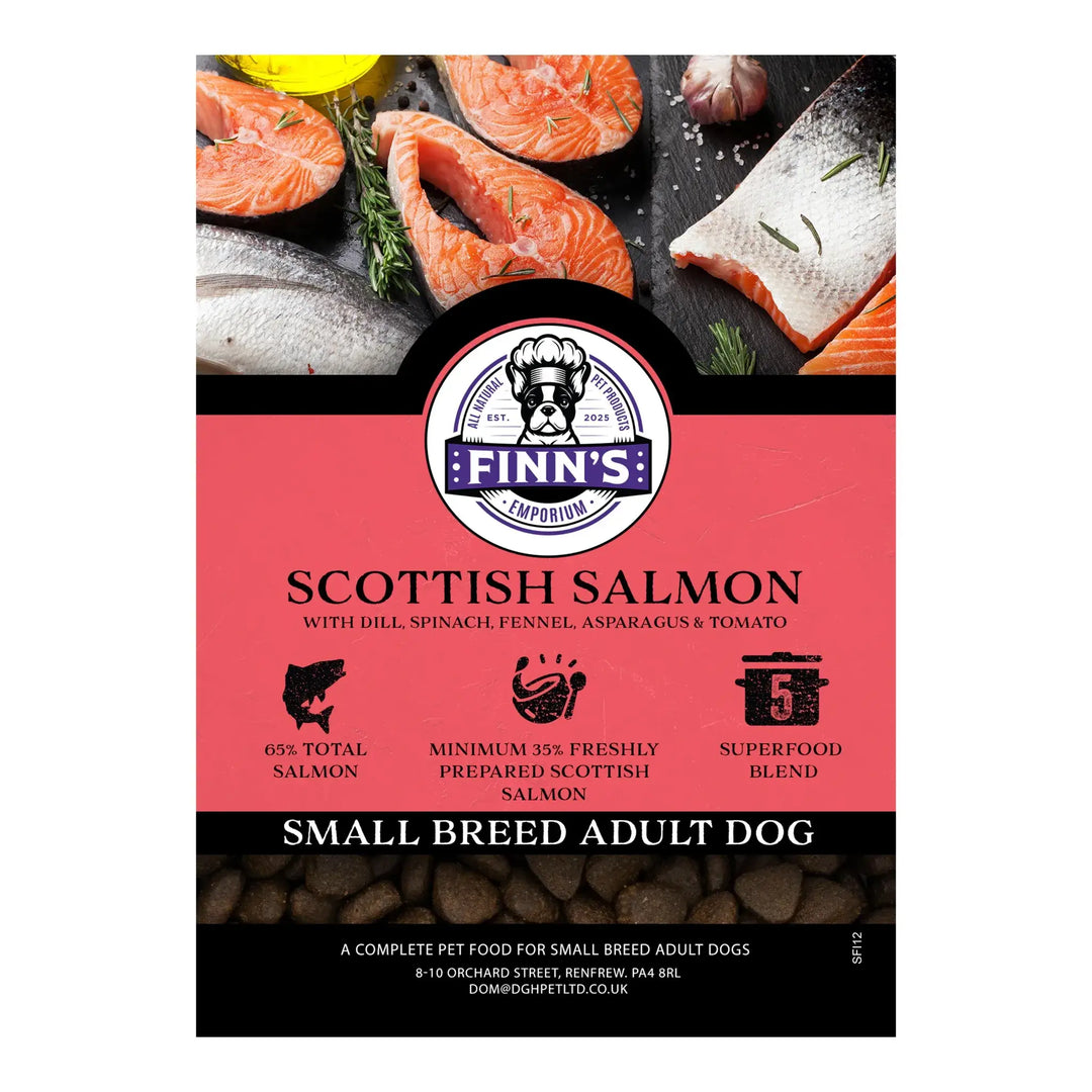 Finn's Scottish Salmon dog food package with salmon and dill on a black background
